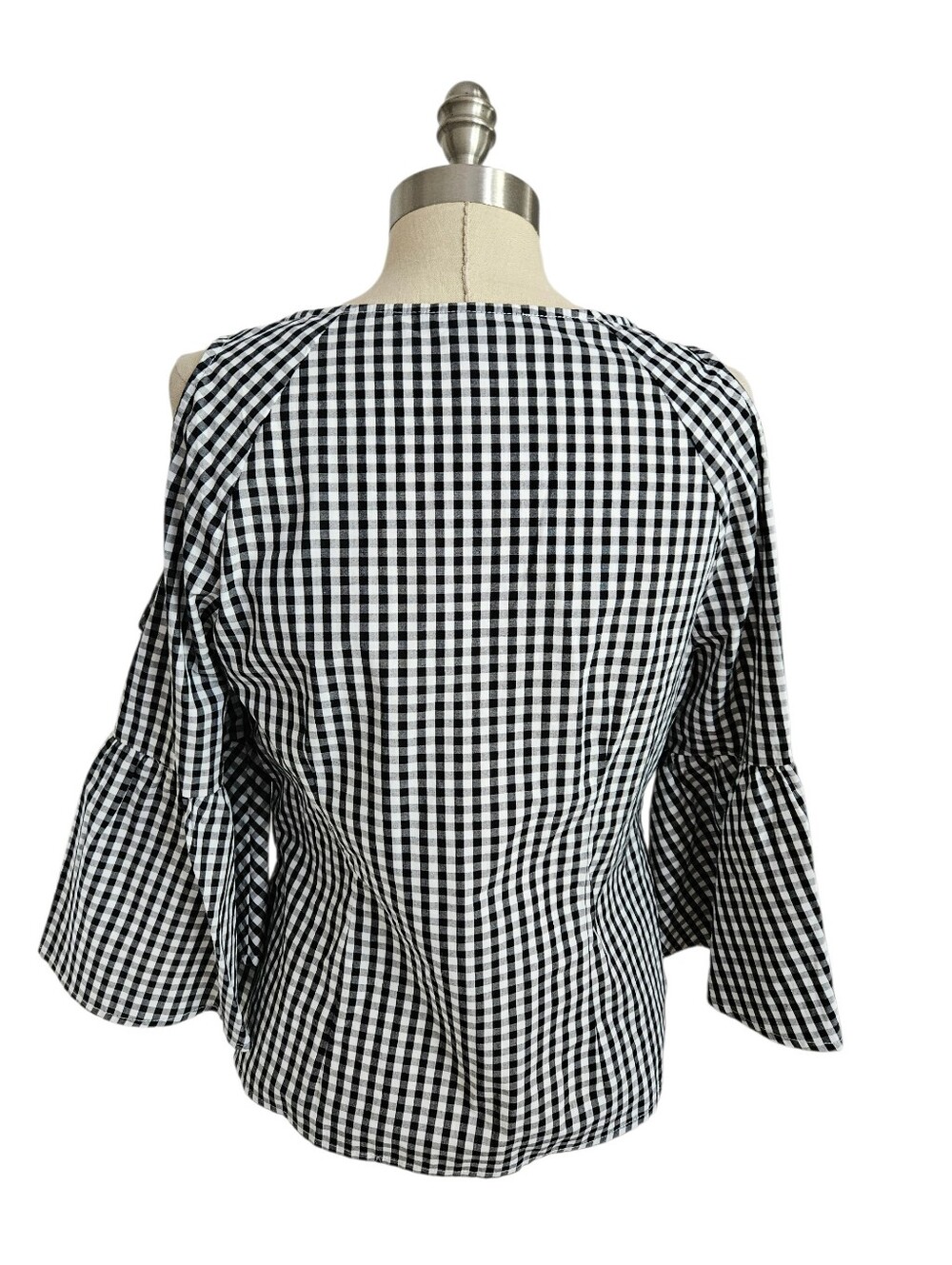 BOSTON PROPER Black & White Gingham Cold Shoulder Button Up Top | SZ M - Picture 5 of 10